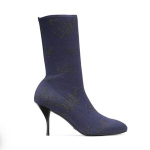 Stuart Weitzman | The Violetta 80 SW Logo Navy Mid-Calf Sock Stretch Knit Bootie